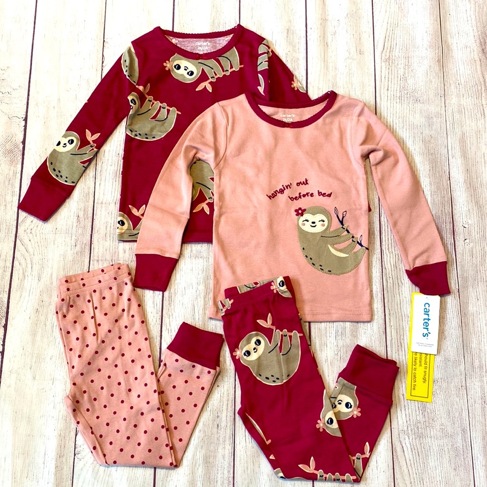 🦥 NWT Carter’s Girls’ 2T 4-Piece Pajama Set - Sloth 🦥